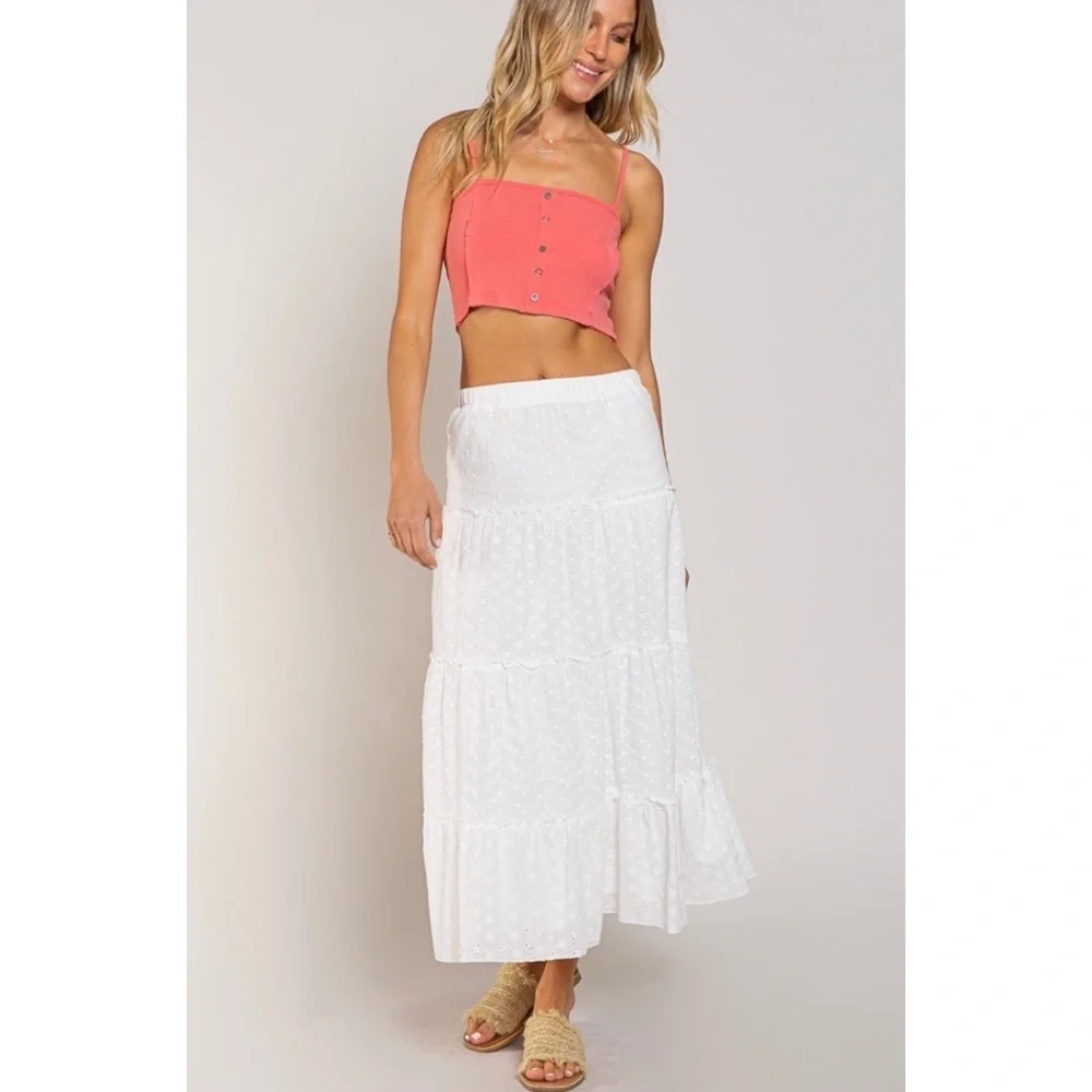 POL White Embroidered Eyelet Tiered Mid Skirt - Picture 8 of 8